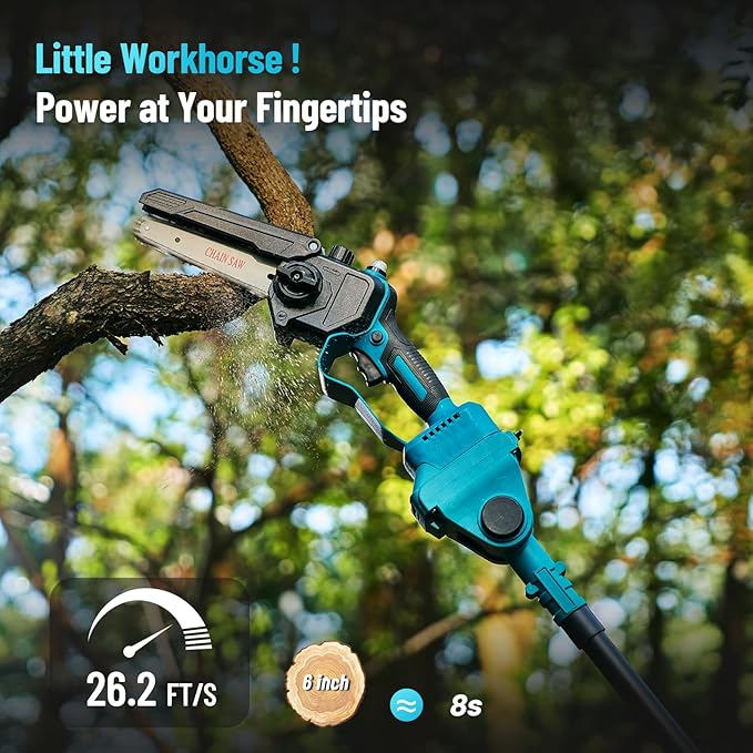 SEESII 6-in-1 Cordless Pole Saw & Hedge Trimmer Grass Shears Combo Kit, Electric Mini Chainsaw with 2×4.0 Ah Batteries, Extension Tree Pruner, Bush Trimmer Limb Branch Cutter, 16ft Long Reach