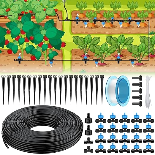 Pawfly Drip Irrigation Kit, Quick-Connect 100 ft. Drip Irrigation System with 1/4" Tubing Drippers and Accessories Plant Watering Devices for Greenhouse Lawn Patio Flower Bed