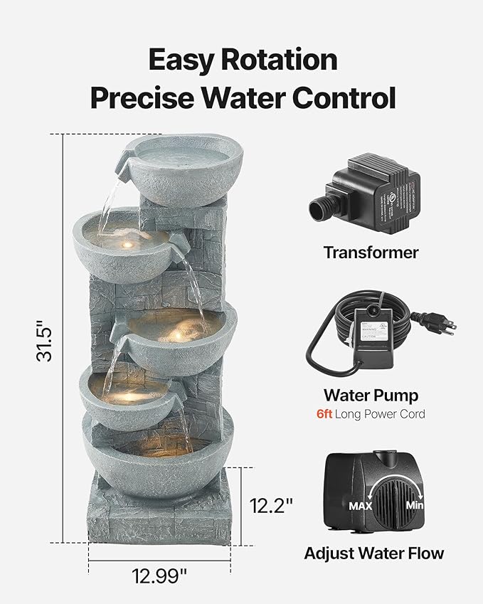 VEVOR Outdoor Water Fountain, 31.5 in Height Fountain and Waterfall, 5-Tier Floor Standing Bowl-Shaped Cascading Fountains with LED Light and Pump, for Outdoor Indoor Garden, Home, Patio & Backyard