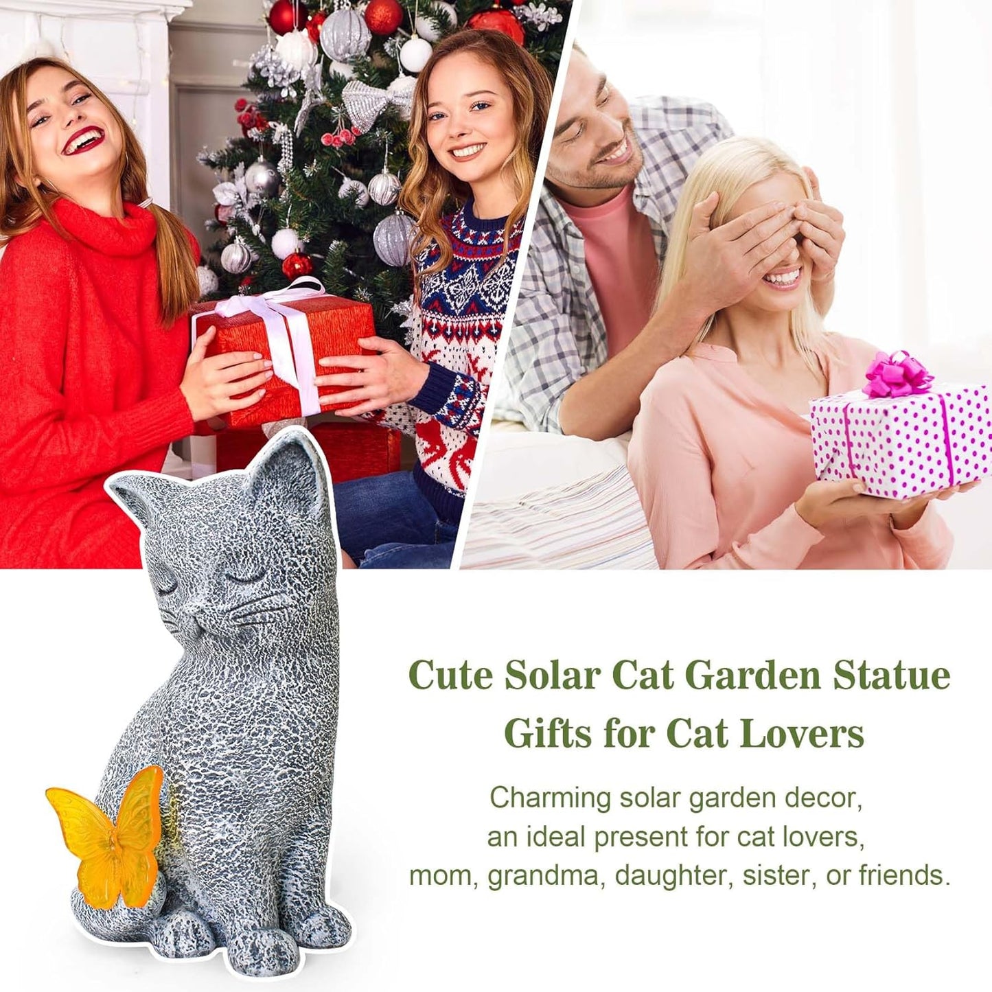 Solar Cat Garden Statue with Butterfly Light, Outdoor Garden Decor Cat Figurines Ornaments for Home Patio Yard Balcony Lawn, Cats Lover Gifts for Women, Mom, Grandma
