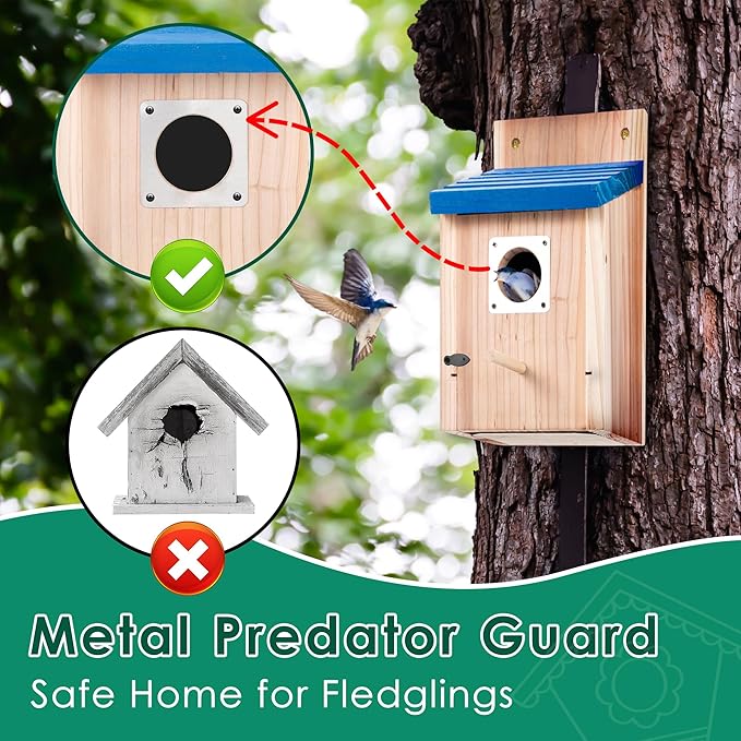 Dreyoo 4 Pack Cedar Bluebird Box Houses for Outside, 1-1/2'' Entrance Hole Wooden Bird Houses with Metal Guard, Secure Latch, Fledgling Grooves, Air Vents for Bluebird Wren Swallow