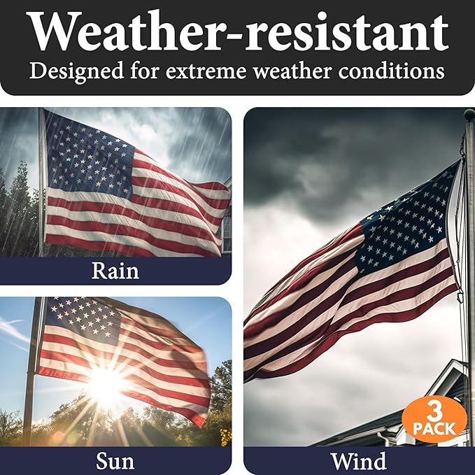 American Flags for Outside 3x5 (Pack of 3) Made in USA - USA Flag, Outdoor Heavy Duty American US Flag with Embroidered Stars and Sewn Stripes American Flags for High Wind- All Weather Flags