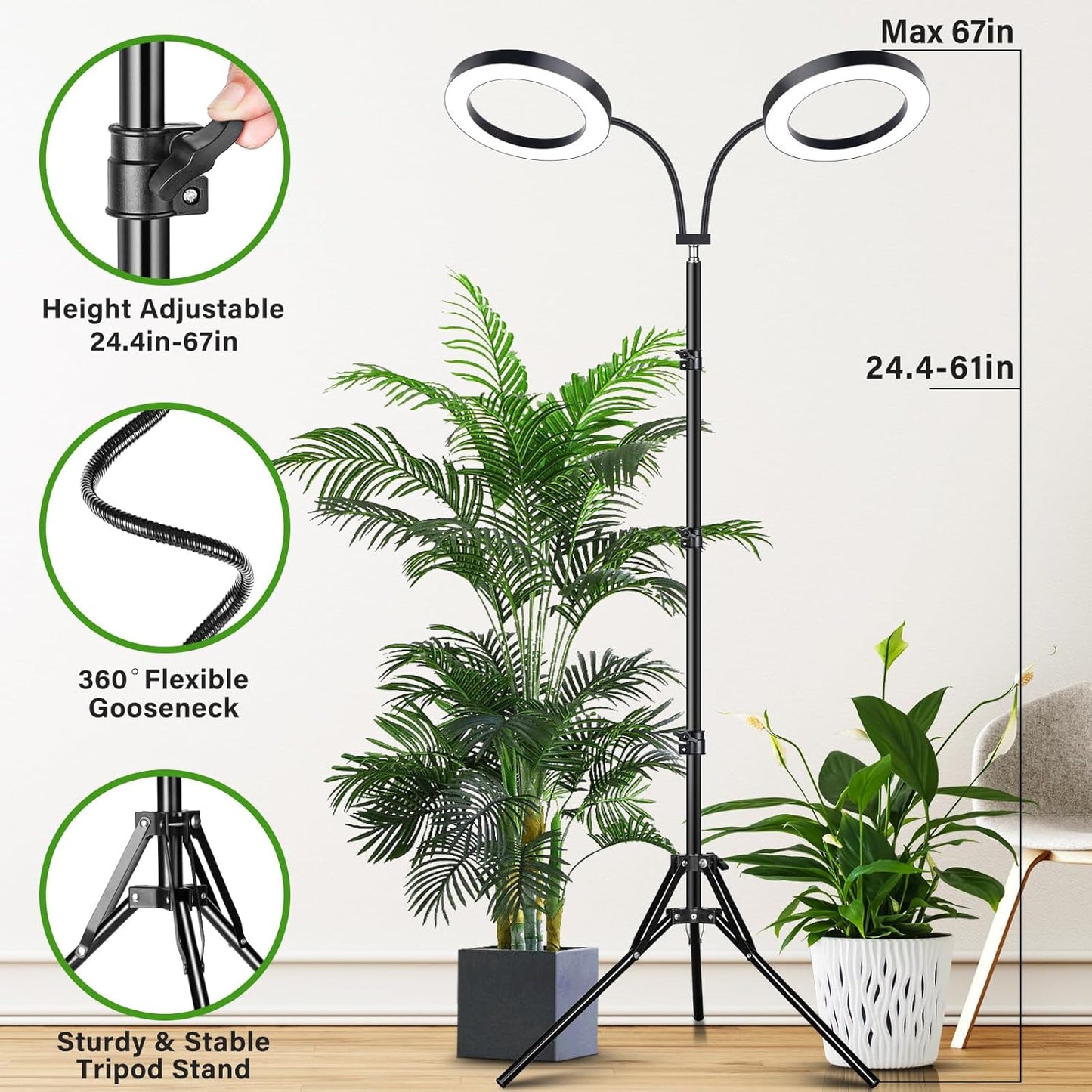 LORDEM Grow Light for Indoor Plants, 7.9" Diameter Dual-Head Plant Light for Plants Growing, Full Spectrum Growth Lamp with Auto Timer 3/6/12H, 4 Dimmable Levels, 3 Lighting Modes, Adjustable Stand