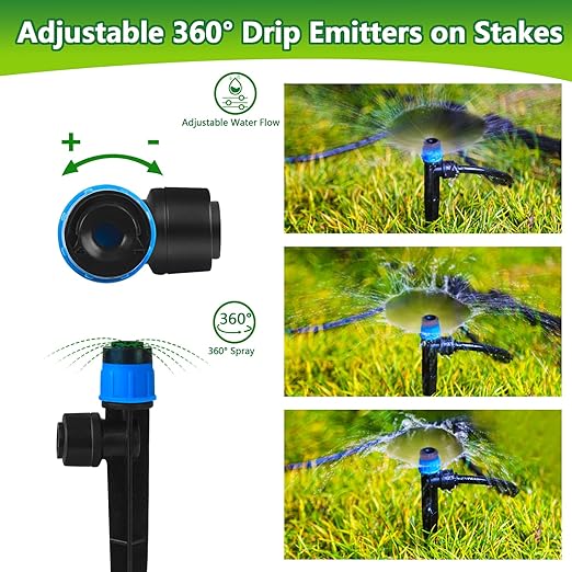 Push-to-Fit Drip Irrigation Vortex Emitters for 1/4" Drip Irrigation Tubing, 30 Pcs Adjustable 360 Degree Water Flow Fan Shape Drippers with Stake for 4/7mm Tube for Garden Watering System