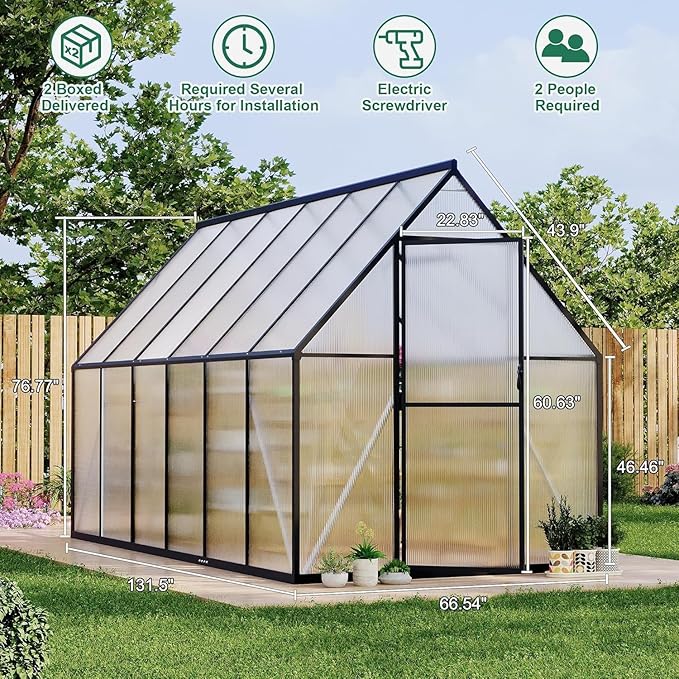 Greenhouse 6x11 FT Aluminum-Framed Heavy Duty Polycarbonate with Quick Setup Structure and Roof Vent Large Enhanced Outdoors Green House Kit