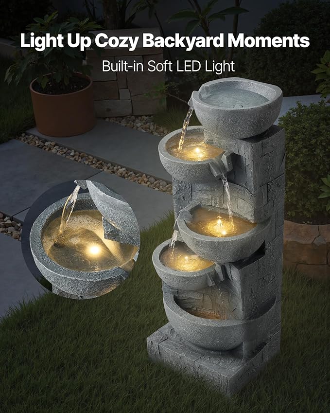 VEVOR Outdoor Water Fountain, 31.5 in Height Fountain and Waterfall, 5-Tier Floor Standing Bowl-Shaped Cascading Fountains with LED Light and Pump, for Outdoor Indoor Garden, Home, Patio & Backyard