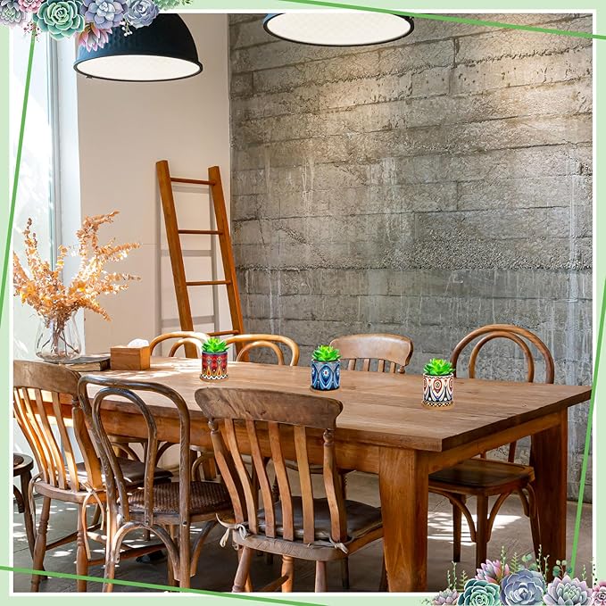 Zopeal 6 Pcs 3 Inch Succulent Pots Succulent Planters Cylinder Ceramic Pots Mandala Multicolor Cactus Pot with Drainage Holes and Bamboo Trays for Indoor Plants Flowers Garden Decoration(Basic)