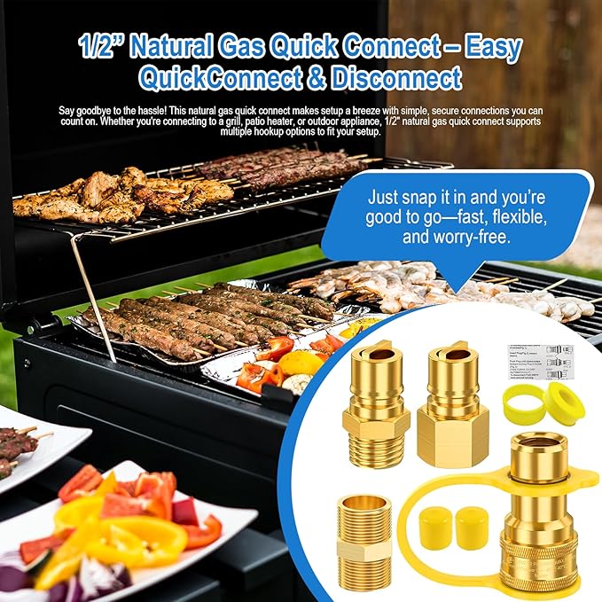1/2" Gas Quick Connect Kit, 1/2" Natural Gas Quick Connect Fittings Kit – 4 Pcs Solid Brass Natural Gas & Propane Quick Disconnect Fittings, 1/2 inch Hose Quick Connect Adapter.
