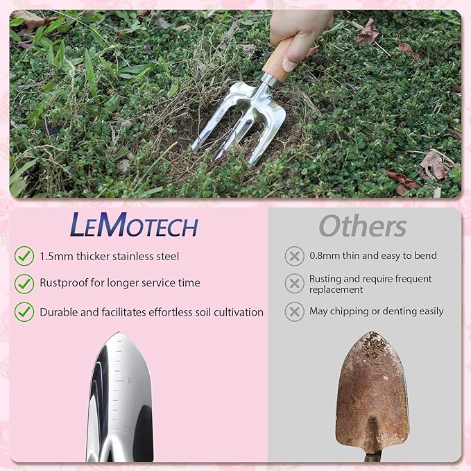 LeMotech Garden Tools Set, 10-Piece Heavy Duty Garden Hand Tools Kit with Wooden Handle, Durable Organizer Bag for Garden Supplies, Gardening Gifts for Women Grandmother, Pink Floral Pattern