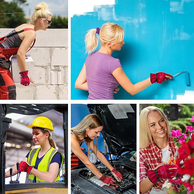 Leather Work Gloves for Women, Large Glove for Gardening, Tig/Mig Welding, Construction, Chainsaw, Farm, Ranch, etc. Cowhide, Cotton Lined, Utility, Firm Grip, Durable. Rose Red - Grey L