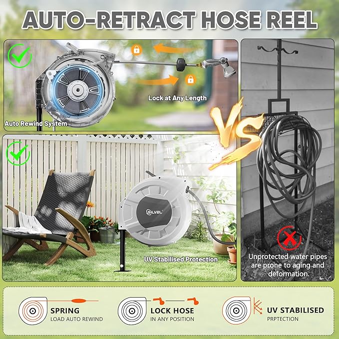 SILVEL Automatic Retractable Garden Hose Reel on Metal Spike, 1/2 in x 90FT Ground Mounted Outside, UV Resistant with 10 Pattern Nozzle, 360° swivel, No Holes in your house, Easy Installation
