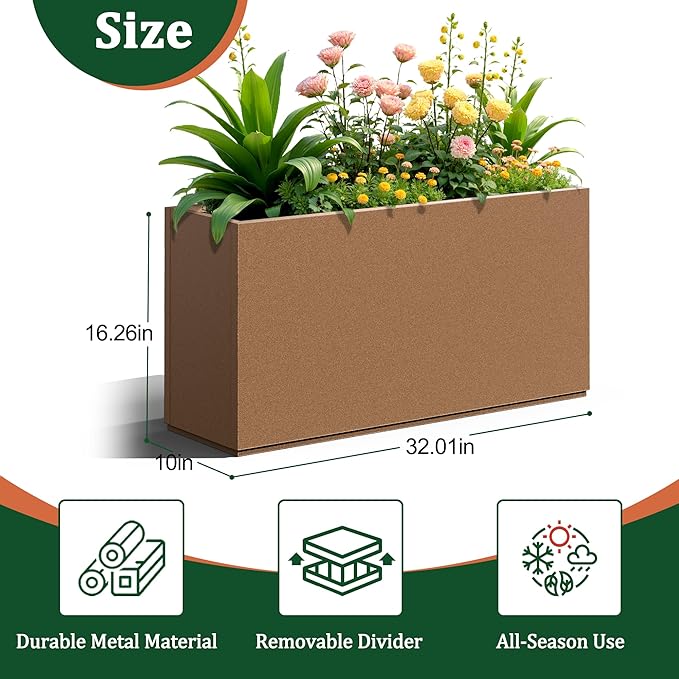 Large Rectangle Planter Metal Brown Planter Box with a Drainage Hole and a Removable Divider Indoor Outdoor Porch Pots for Tall Plants, Trees, Flowers 32.01"x 10" x 16.26" Brown