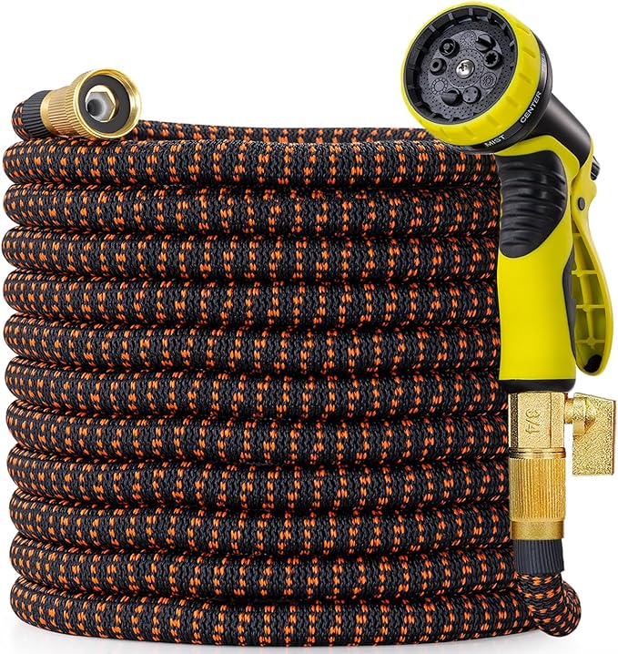 100 ft Expandable Garden Hose, 2025 New Kink Free Flexible Water Hose 100ft with 10 Pattern Spray Nozzle, Leakproof Solid Brass Connectors, Retractable Latex Core, Lightweight Expanding Hose