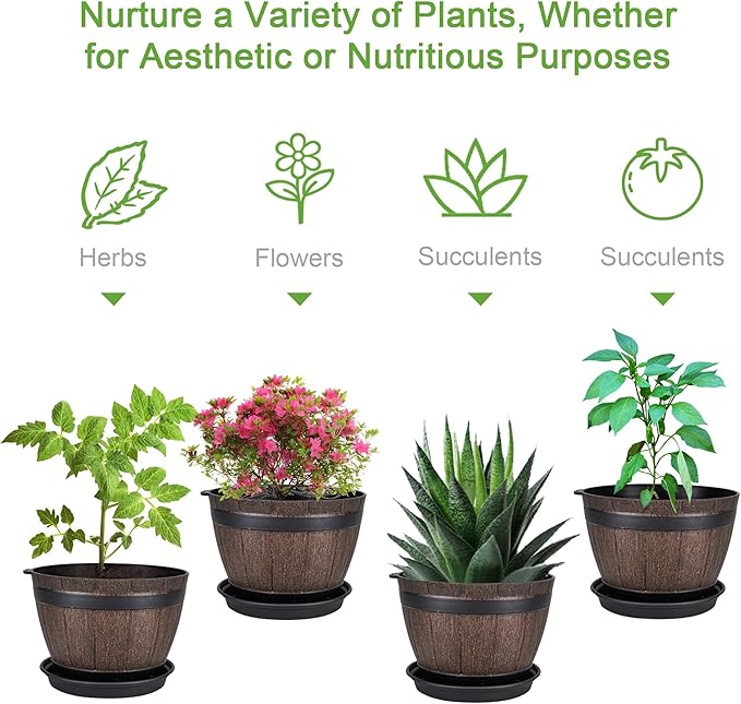 VECELO Plant Pots with Drainage Holes & Saucer, 7.6 Inch Flower Pots with Tray, 4 Pack Plastic Whiskey Barrel Planters for Indoor & Outdoor Garden Home Plants and Flowers