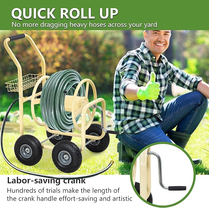 Hose Reel Hold Up To 300 Ft Heavy Duty Garden Hose Reel Sturdy Water Hose Reel Cart with 4 Wheels Storage Basket for Garden Lawn Yard Outdoor (Tan)