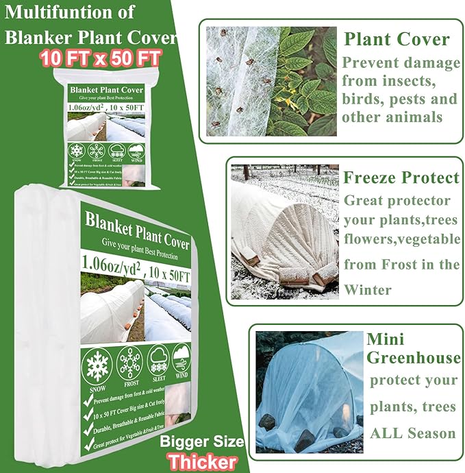 Plant Covers Freeze Protection 10 x 50Ft with 20 Stainless Steel Clip- Frost Cloth Plant Blankets Garden Fabric Freeze Cover for Outdoor Plant Raised Bed Greenhouse Winter Frost Sun Protection
