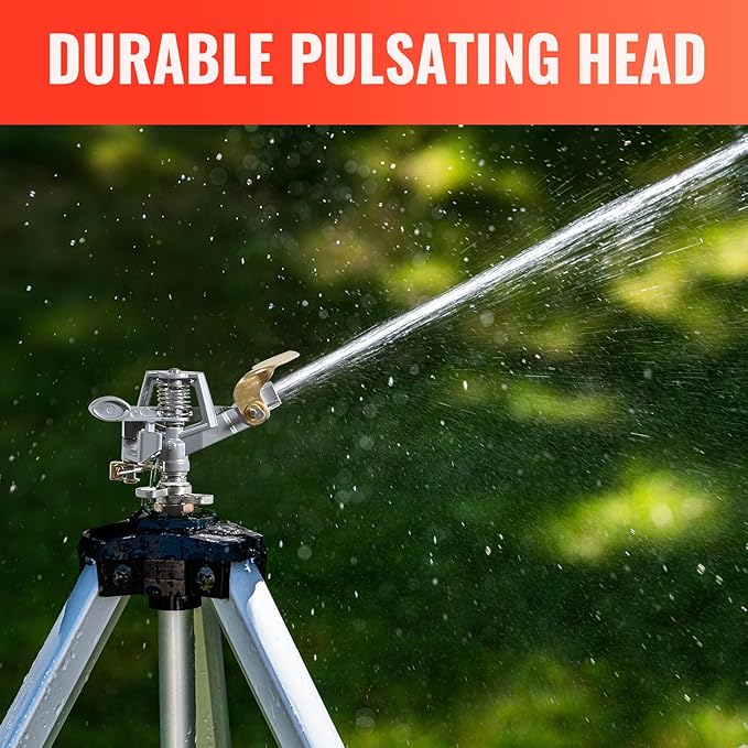 YAMATIC Impact Sprinkler on Adjustable Tripod Base, 360 Degree Large Area, Heavy Duty Adjustable Pulsator Sprinkler for Lawn, Yard and Grass Irrigation, Spray up to 20-90ft(Zinc Head)