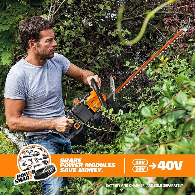 WORX WG284.9 26" 40V Cordless Hedge Trimmer, Electric Hedge Trimmer with Dual-Action Blades, Brushless Bush Trimmer with 180° Rotating Handle, 2 Batteries & Charger Not Included