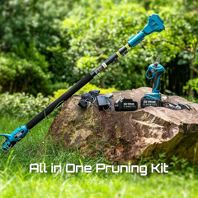 Seesii 2-in-1 Cordless Electric Pruning Shears with Pole, 15Ft Reach, 1.2" Cutting Diameter, 21V 2x 4000mAh Batteries, Battery Powered Tree Pruner with Brushless Motor for Efficient Branch Trimming