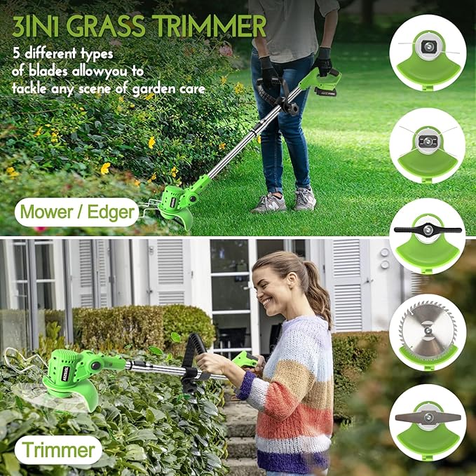 Electric Weed Wacker, 21V Grass Trimmer Cordless with 2 Battery and Charger 5 Types 26Pcs Blade 3 in 1 Weed Trimmer Lawn Edger Brush Cutter for Lawn Yard Garden