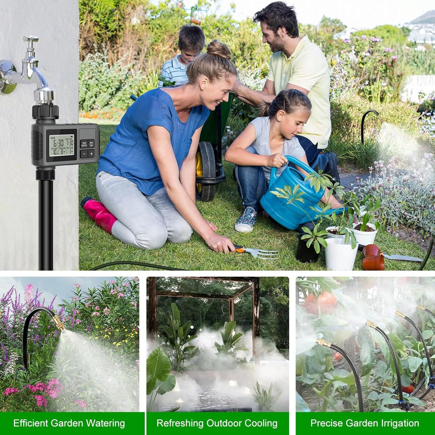 60FT Drip Irrigation System with Water Timer โ Automatic Garden Watering Kit with 360ยฐ Bendable Hose & Adjustable Nozzles, Smart Irrigation System for Greenhouse, Lawn, Yard & Plants