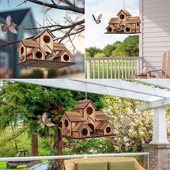 Bird Houses for Outside, Outdoor 5-Hole Birdhouse for Bluebirds, Finches, Cardinals and Yellow Finches, Wooden Hanging Birds House Wild Bird Nest Garden Decorative