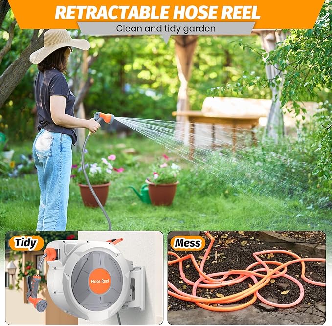 GarveeLife Retractable Garden Hose Reel 1/2 in x 130 Ft, Wall Mounted Garden Hose Reel, with 9 Function Sprayer Nozzle, Any Length Lock, Lock/Automatic Slow Return System, 180° Swivel Bracket(Grey)