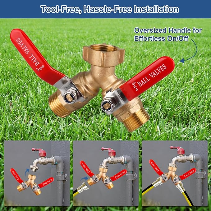 Heavy Duty Brass Garden Hose Splitter – 2 Way Y Valve with Leak-Proof Design & Stainless Steel Long Handle, 3/4" Hose Connector for Precise Flow Control