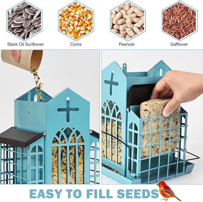 Church Metal Hanging Bird Feeder for Outdoors, Weatherproof Suet Feeders for Outside Hanging, Large Bird Feeders Great for Attracting Finch, Woodpecker and More Wild Birds-5LB