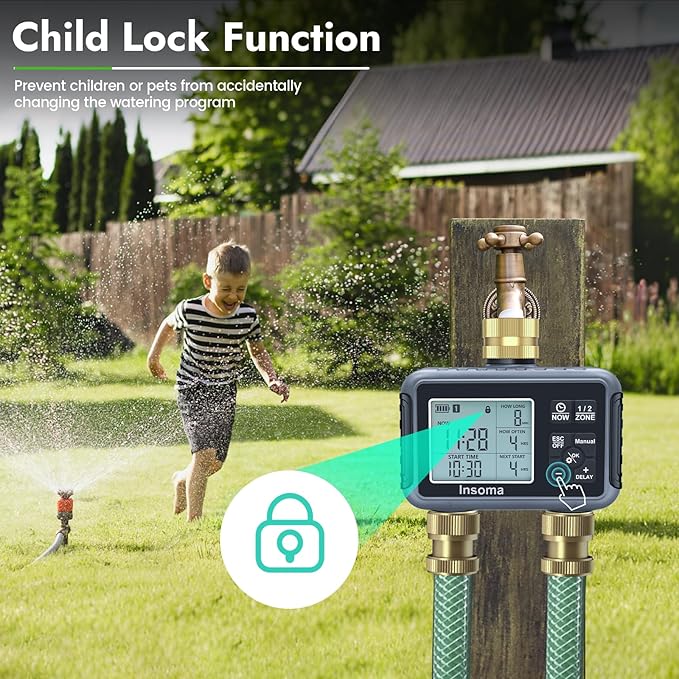 Insoma Water Timer with Brass Inlet & Outlet, 2 Independent Zones Outdoor Hose Timer for Garden Faucet with Auto/Manual/Rain Delay Mode, Sprinkler Irrigation Controller for Yard Lawn