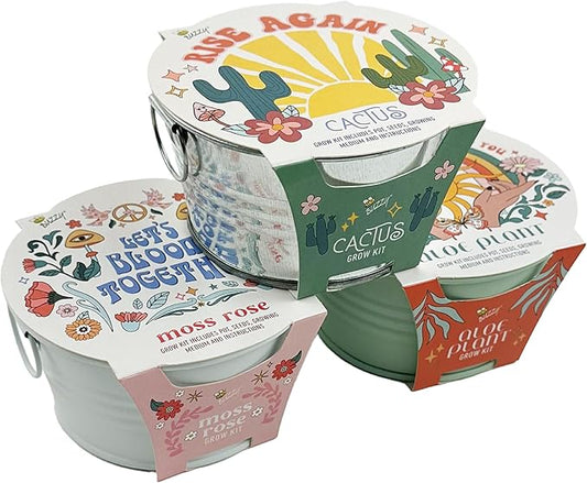 Buzzy Seeds Cactus, Moss Rose, Aloe Mini Basin Grow Kit Trio | 3-Pack | Guaranteed to Grow | Best Indoor-Outdoor Gardening Gift