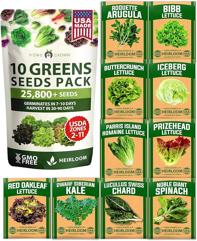 HOME GROWN 11,500+ Heirloom Lettuce Seeds - 10 Varieties Including Romaine, Buttercrunch, Iceberg, Kale & Spinach - Non-GMO USA Seeds for Planting Indoor, Outdoor & Hydroponic Gardens