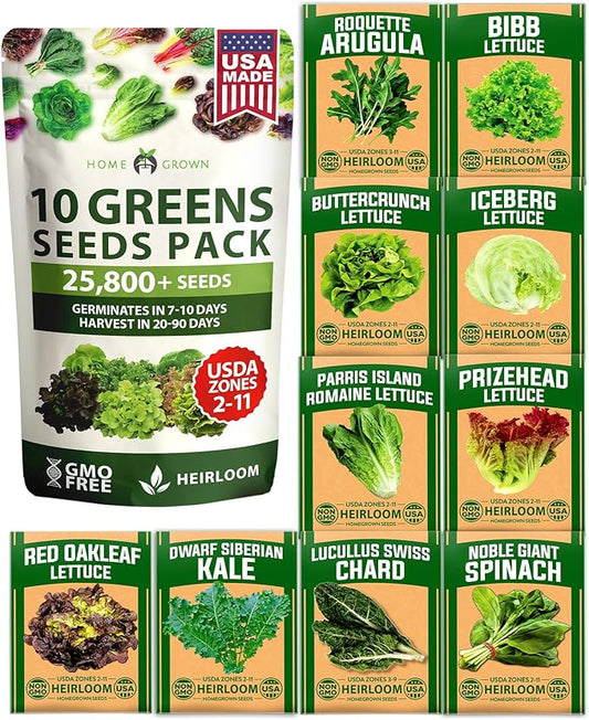 HOME GROWN 11,500+ Heirloom Lettuce Seeds - 10 Varieties Including Romaine, Buttercrunch, Iceberg, Kale & Spinach - Non-GMO USA Seeds for Planting Indoor, Outdoor & Hydroponic Gardens