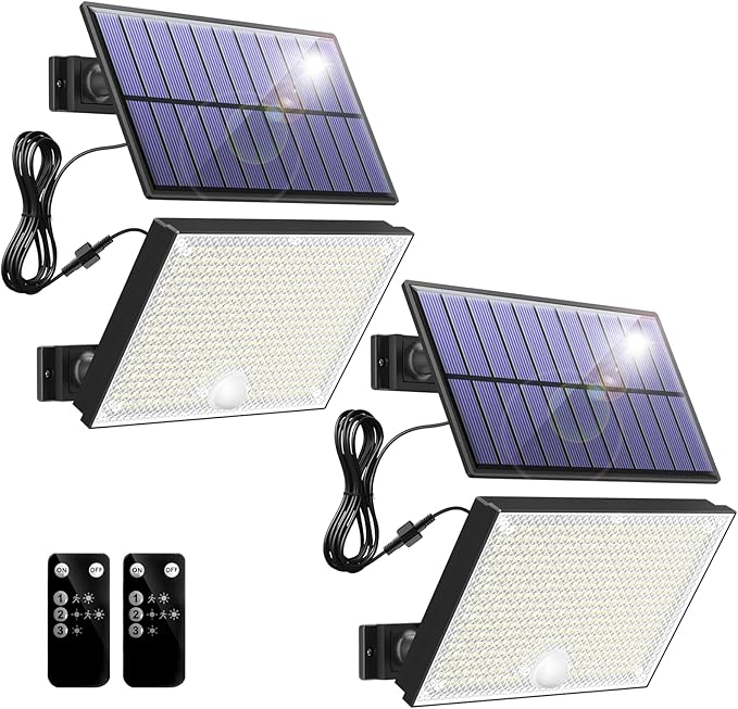 400LED Solar Lights Outdoor, IP67 Waterproof Solar Lights with 16.4ft Cable, 3 Modes & Remote Control Motion Sensor Outdoor Light for Garden, Garage, Patio, Pathway (2 Pack)