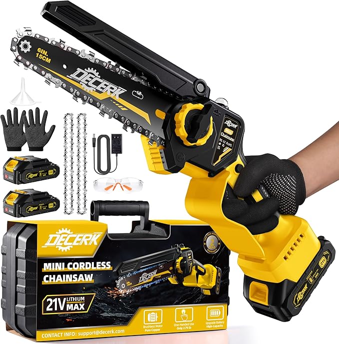 Mini Electric Chainsaw - DECERK Brushless 6-inch Chainsaws Cordless, Portable Handheld Power Chain Saw with 2 Batteries, for Trimming/Tree/Branch/Wood Cutting, Best Garden Gifts for Dad, Husband