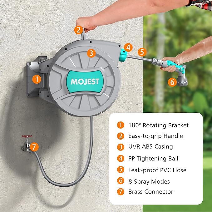 Retractable Garden Hose Reel - 1/2 in x 100 ft Wall Mounted Heavy Duty Water Hose Reel with Automatic Slow Rewind System, 180°Swivel Bracket, 2 Hose Nozzle, Dark Gray