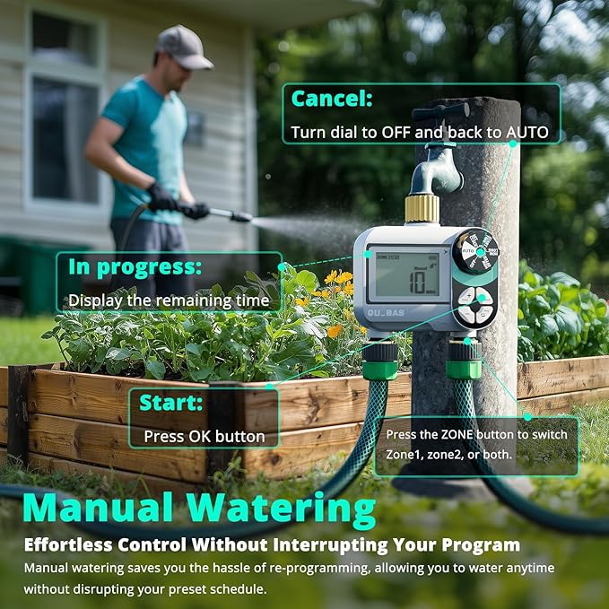 QUOBAS 2 Zone Sprinkler Timer with Brass Inlet & Outlet, Programmable Water Timer for Garden Hose with Rain Delay/Manual Watering/Automatic Irrigation Controller System for Yard, Lawn