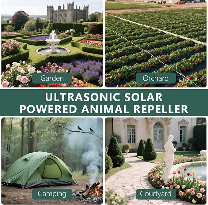 8 Pack 2025 Upgraded Solar Ultrasonic Animal Repellent Outdoor – Motion Activated Deer, Squirrel, Cat, Raccoon, Dog & Bird Deterrent with Ultrasonic Sweep for Garden Yard