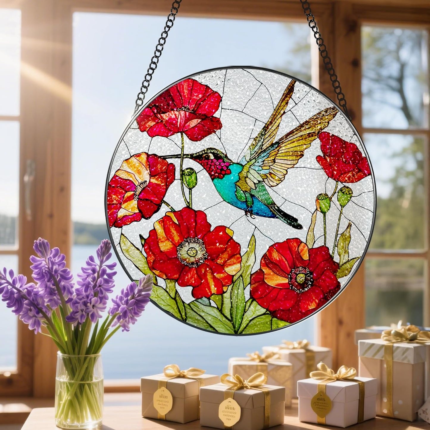 Stained Glass Window Hanging, 8 Inch Hummingbird Stained Glass Suncatcher, Sun Catcher Indoor Window, Hummingbird Decor, Gifts for Mom, Gifts for Grandma, Mothers Day, Christmas, Birthday Gift