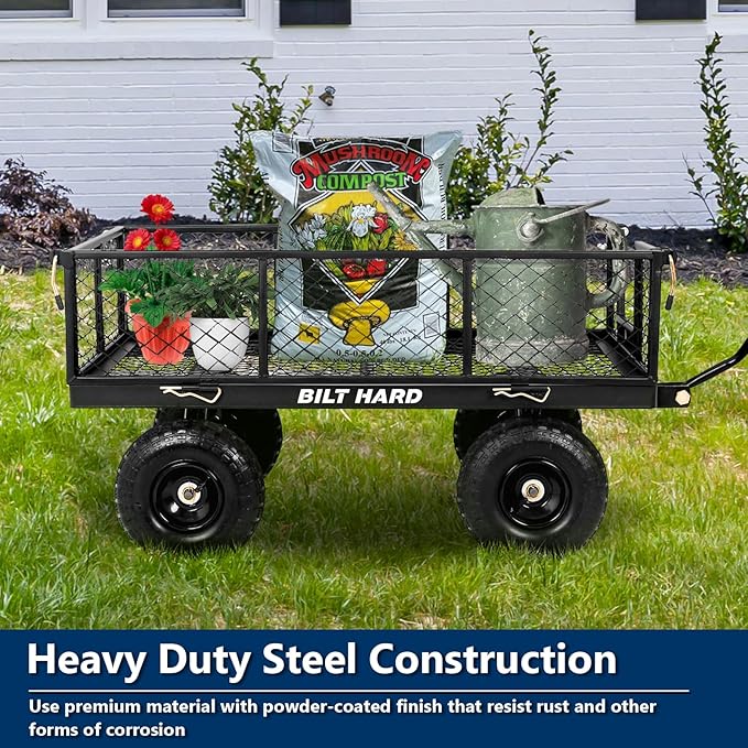 BILT HARD 880 lbs 10" Flat Free Tires Steel Garden Cart with 180° Rotating Handle and Removable Sides, Heavy Duty 4 Cu.Ft Capacity Utility Garden Carts and Wagons, Black