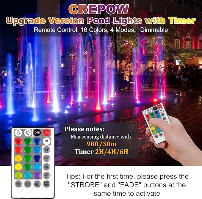 RGB Pond Lights with Timer, LED Underwater Submersible Colorful Landscape Spotlights, 98ft Remote Control IP68 Waterproof Fountain Lights for Fish Aquarium Tank Garden Yard Pool (Set of 2)