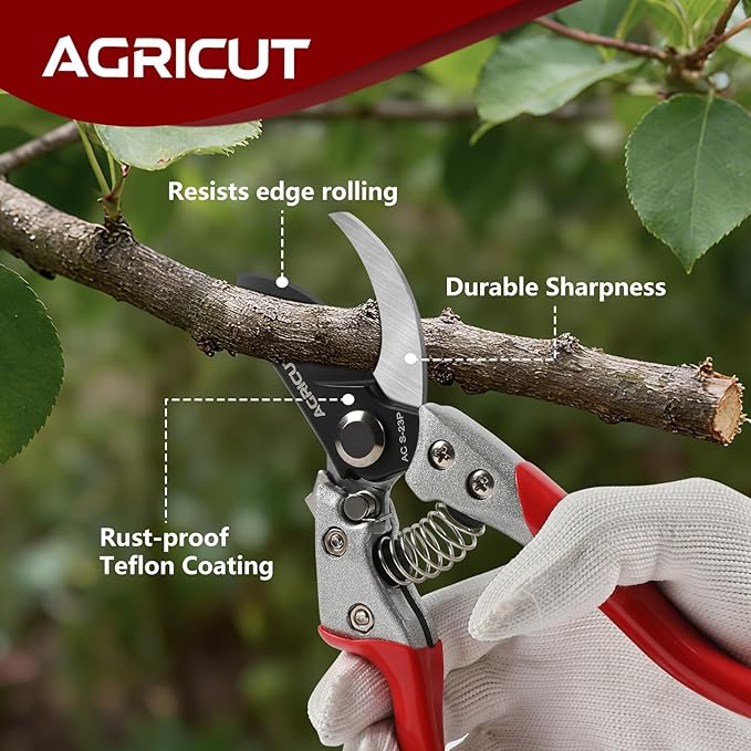AGRICUT Pruning Shears for Gardening - 1 Inch Cut Capacity Bypass Pruners with High Carbon Steel Blade Aluminum Handle Pruning Shears Heavy Duty