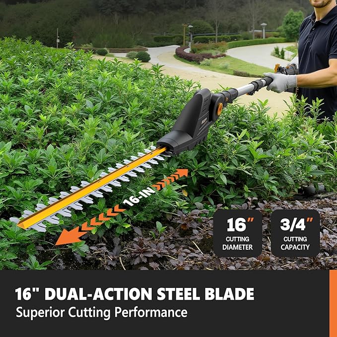 Alloyman 2-in-1 Telescopic Cordless Pole Hedge Trimmer 16-Inch and Pole Saw 8.6-Inch,with 2 Packs 4.0Ah Batteries & Charger,for Tree Trimming and Shrubs Pruning