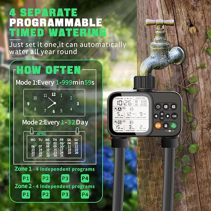 2 Zone Sprinkler Timer for Garden Hose, 8 Programmable Hose Water Timer with Auto Rain Delay, 3.3โ Large LCD Display Digital Irrigation System for Plant, Yard, Lawns, Outdoor