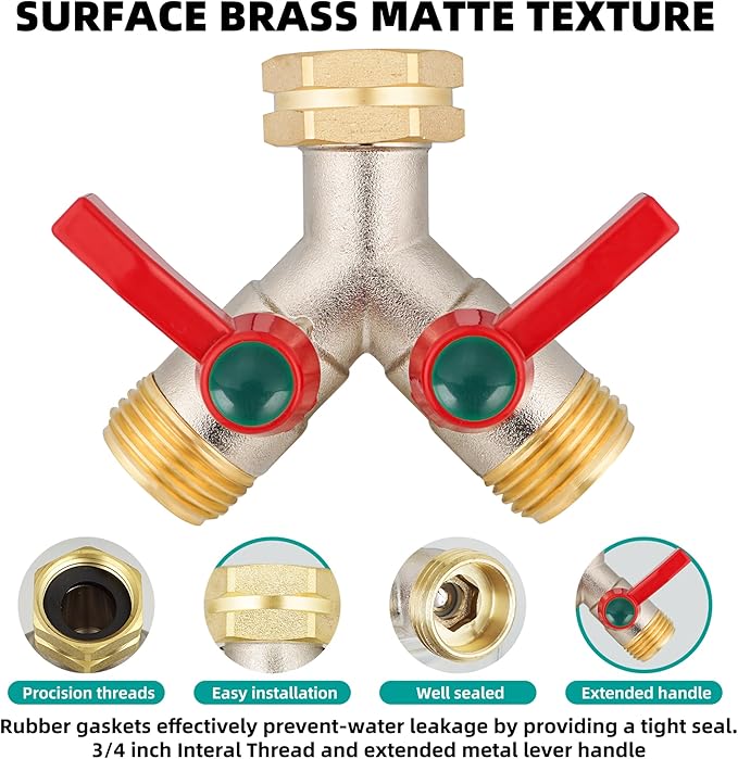 Garden Hose Splitter High Flow, 3/4”GHT Inlet Brass Heavy Duty Full Flow Hose Splitter 2-Way, Hose Y-Valve Faucet Splitter, Runner and Large Outlet with Extended Handle.