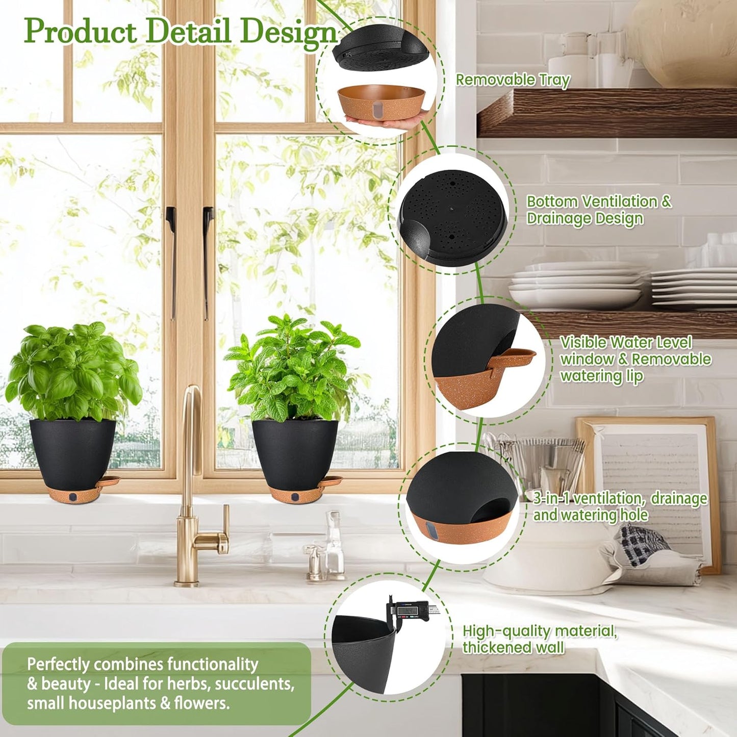 6 Inch Self Watering Pots for Indoor Plants (5-Pack) โ Small Plastic Planters with Water Window, Drainage Holes & Trays, Indoor Outdoor Flower Pots for Herbs, Succulents, Home Garden Decor (Black)