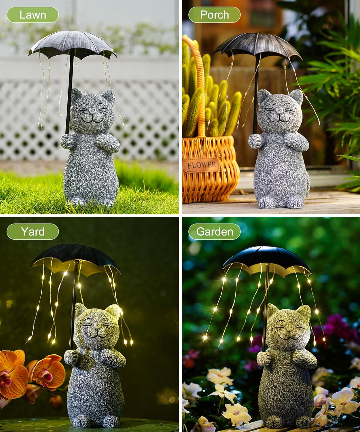 Nacome Solar Cat Garden Statues Outdoor Decor: Holding Umbrella with String Lights Patio Yard Lawn Outside Decorations - Birthday Gifts for Mom Grandma Women Sister(Grey)