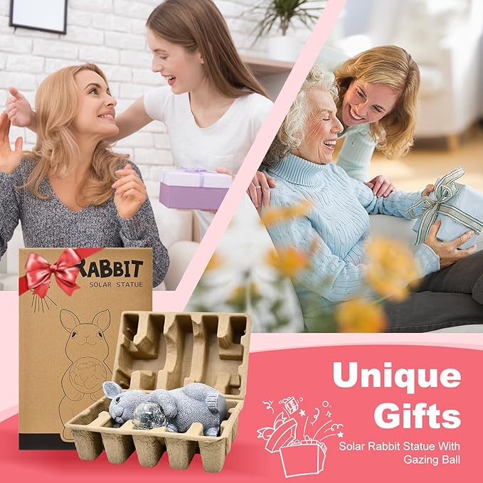 Solar Garden Outdoor Statues Bunny with Gazing Ball - Outdoor Decor Garden Rabbit Statue for Patio, Balcony, Yard, Lawn Ornament - Unique Housewarming Gifts