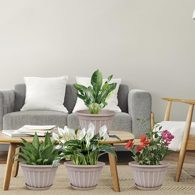 FGstyle 10 Inch Plants Pot,4 Pack Flower Pots,Planters Pot with Drainage Hole & Saucer,Modern Planters for Indoor Outdoor Plants,Decorative Resin Garden Pots for Outdoor Indoor Home Plants (Beige)