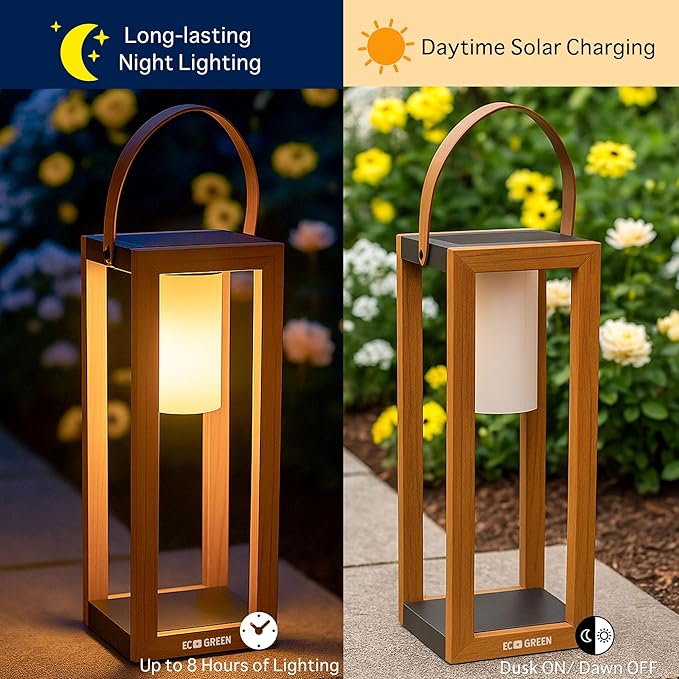 EcoGreen Solar Lantern with Handle for Outdoor Lighting – 7.87x22.83 in Waterproof Solar Light, Warm White, 8H Auto-On, Portable for Patio, Yard, Pathway, Camping & Porch (Single Pack)